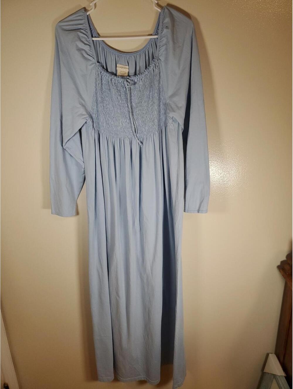 Green Cotton Long Dress , Sky Blue, Lg, Bohemian Oversized Cottage, Peasant